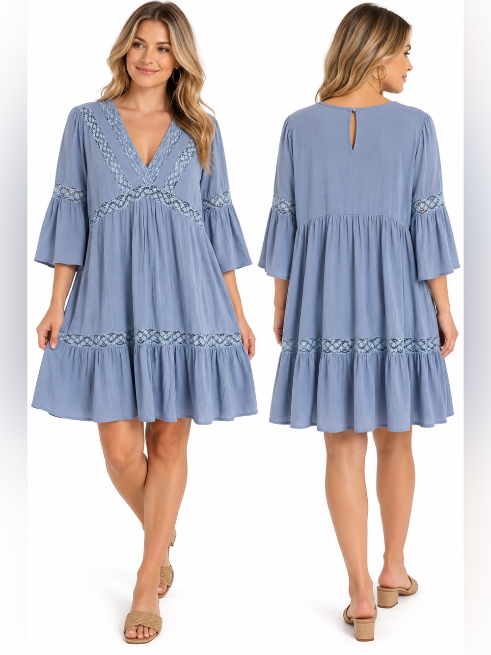 Umgee USA Women’s Large Blue Lace Boho Tiered Bell Sleeve Dress
